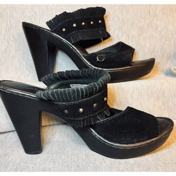 Born Kassidy Suede 90s/Y2K Style Black Block Heel Sandals Fringe Studs Boho sz 8 - Picture 1 of 9